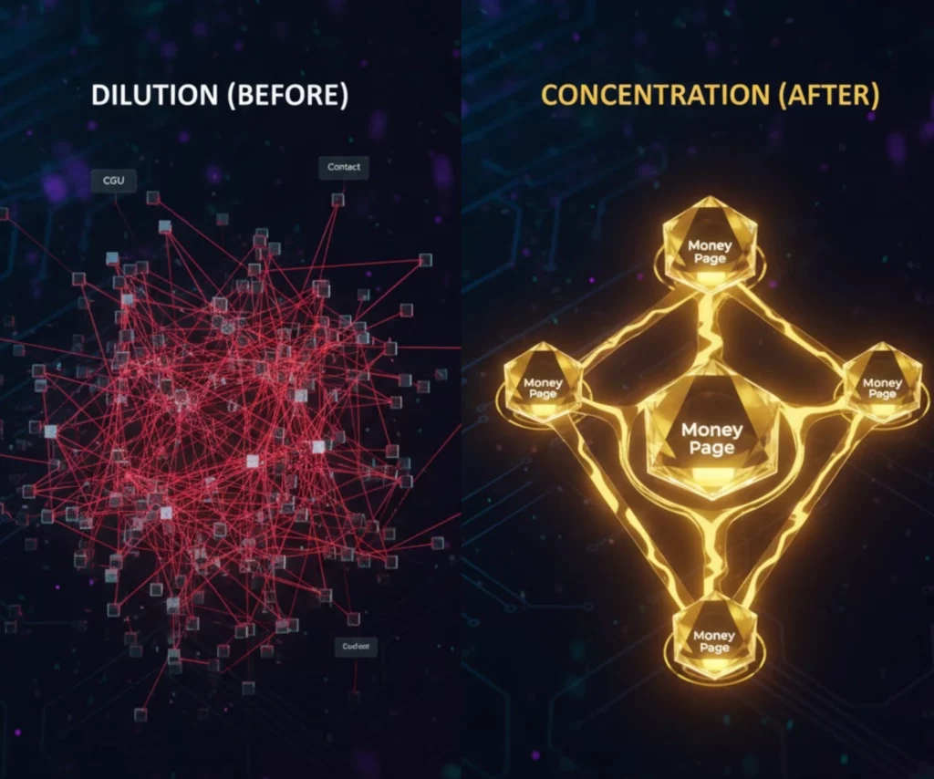 Comparaison visuelle d'une architecture de maillage interne dilution du jus SEO avec trop de liens inutiles (à gauche) versus concentration de la puissance sur les pages stratégiques grâce à des liens limités et pertinents (à droite).