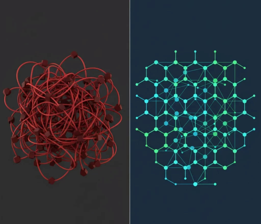 Comparaison visuelle entre une structure de liens internes chaotique (mauvais SEO) et une architecture organisée en silos (bon SEO).