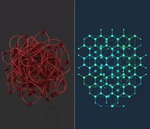 Comparaison visuelle entre une structure de liens internes chaotique (mauvais SEO) et une architecture organisée en silos (bon SEO).