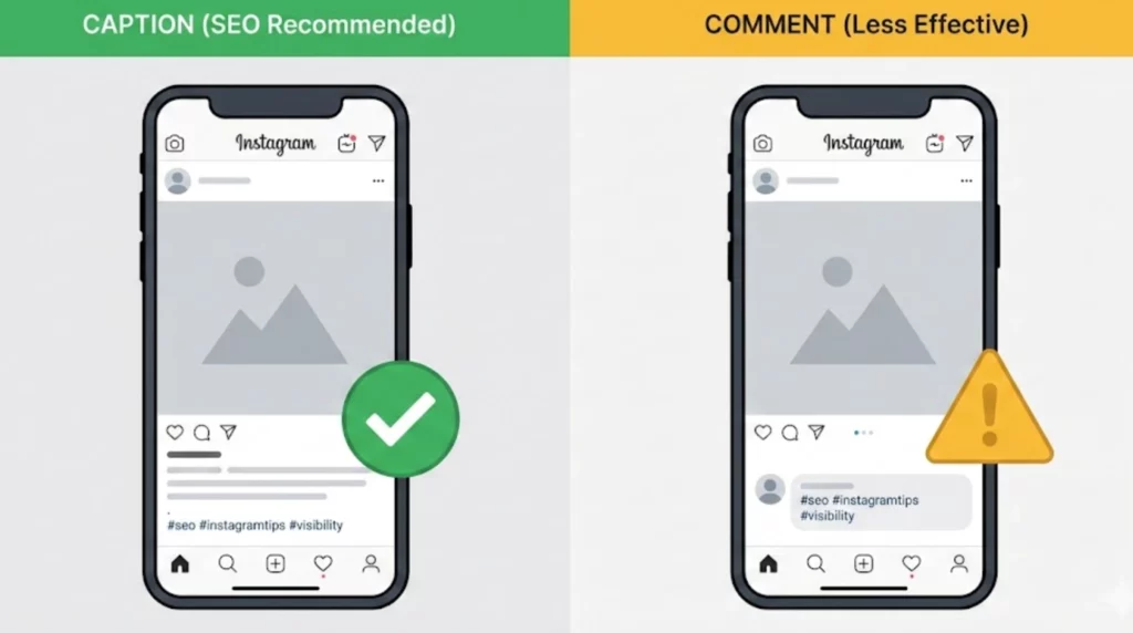Comparaison visuelle : placer les tags Instagram dans la légende pour le SEO versus dans les commentaires.