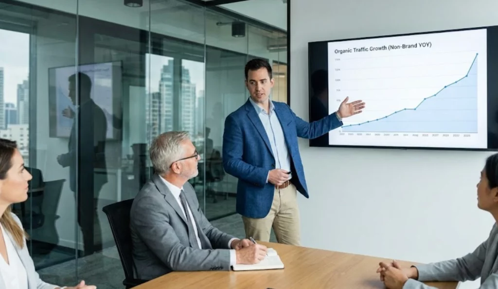 Consultant SEO présentant un rapport de performance sur grand écran avec une courbe de croissance à un manager lors d'une réunion.