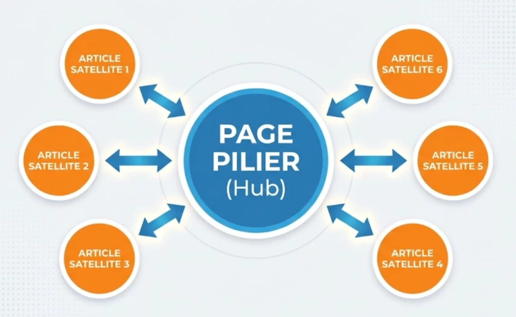 Diagramme infographique de la structure de contenu en Hub and Spoke pour l'optimisation SEO.