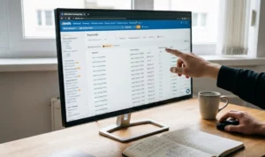 Écran d'ordinateur affichant une interface logicielle d'analyse de mots-clés SEO avec des colonnes de données brutes et des filtres.