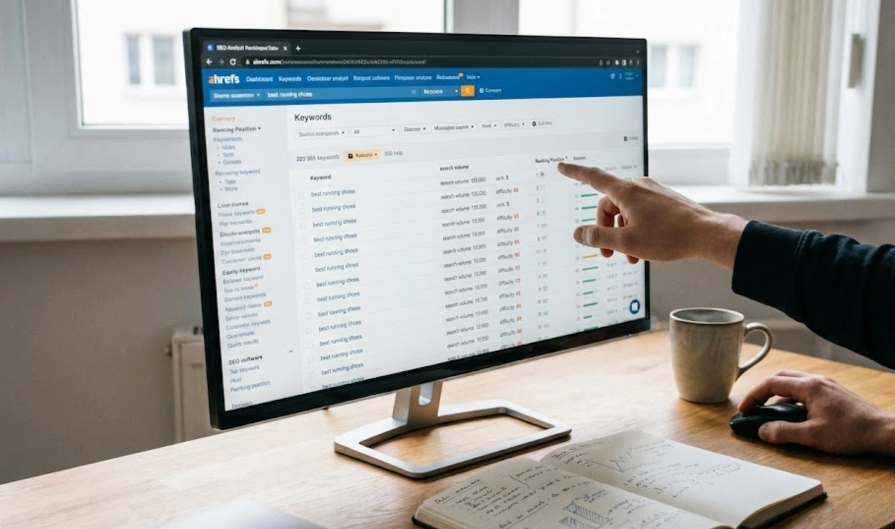 Écran d'ordinateur affichant une interface logicielle d'analyse de mots-clés SEO avec des colonnes de données brutes et des filtres.