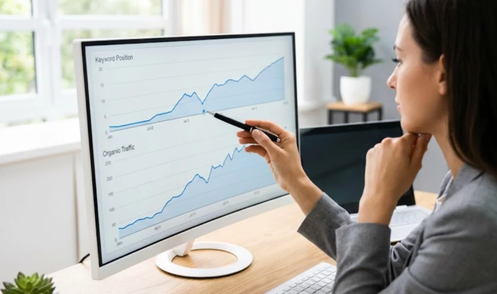 Expert analysant la correlation entre les courbes de positionnement des mots cles et le trafic organique sur un ecran de controle
