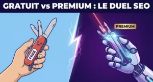 Illustration conceptuelle d'un duel entre un outil SEO gratuit simple (couteau suisse) et un outil SEO premium avancé (technologie robotique).