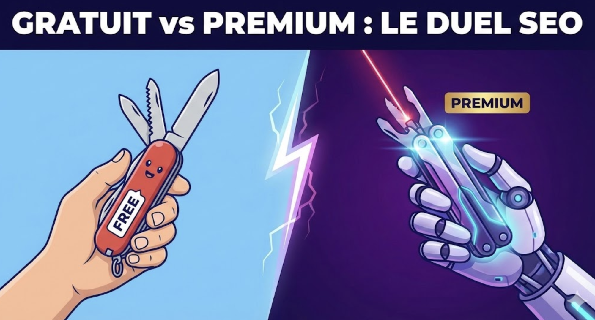 Illustration conceptuelle d'un duel entre un outil SEO gratuit simple (couteau suisse) et un outil SEO premium avancé (technologie robotique).