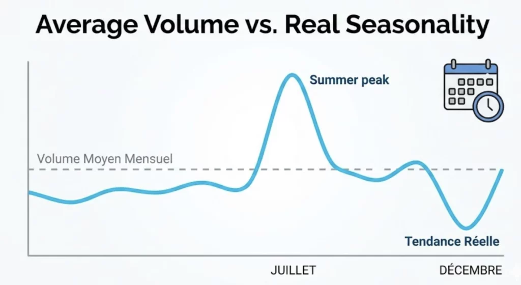 Graphique comparant le volume de recherche moyen trompeur à la saisonnalité réelle, soulignant l'importance de l'historique des données SEO.