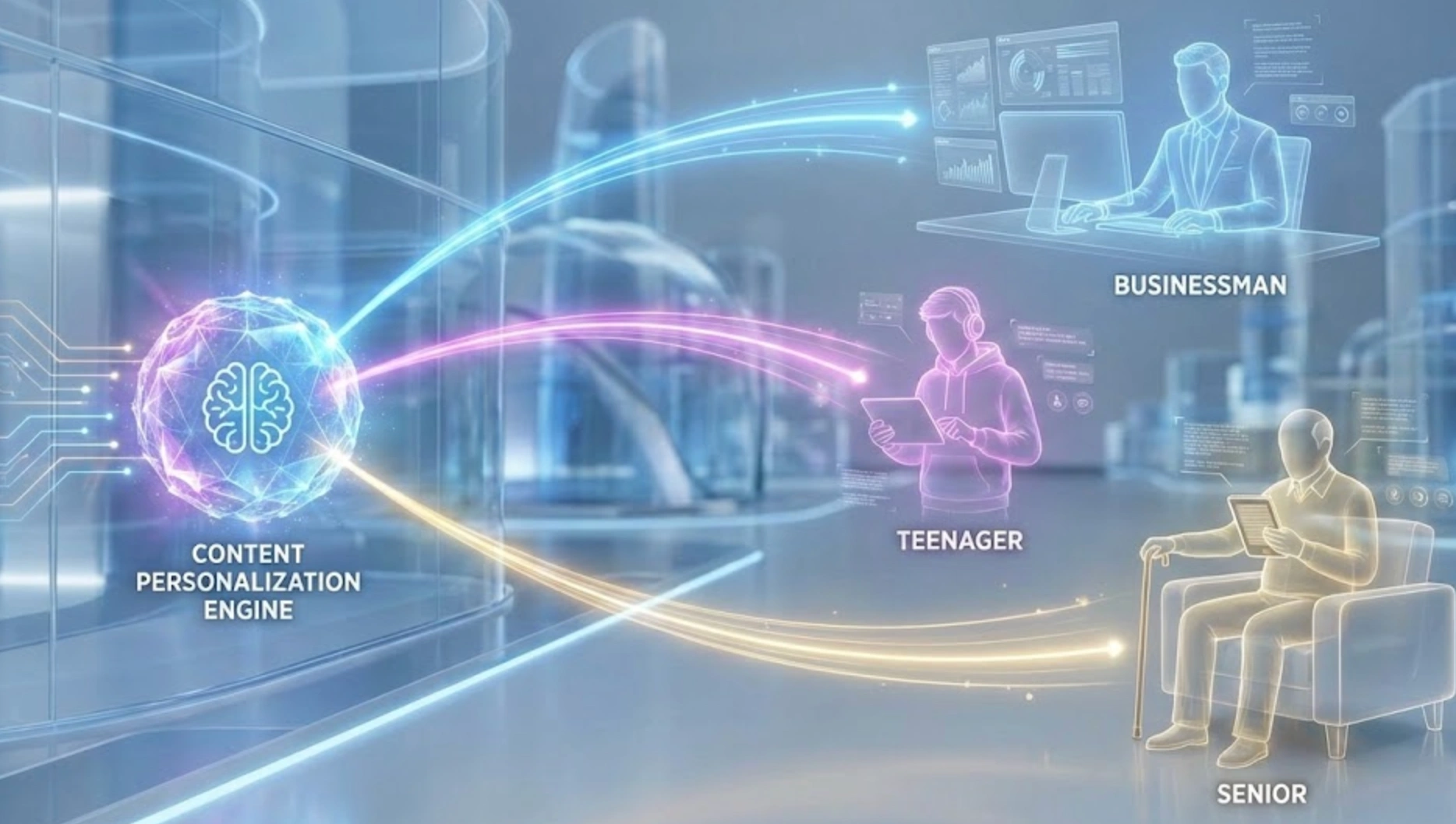 Illustration conceptuelle de l'IA adaptant le contenu web à différentes audiences cibles
