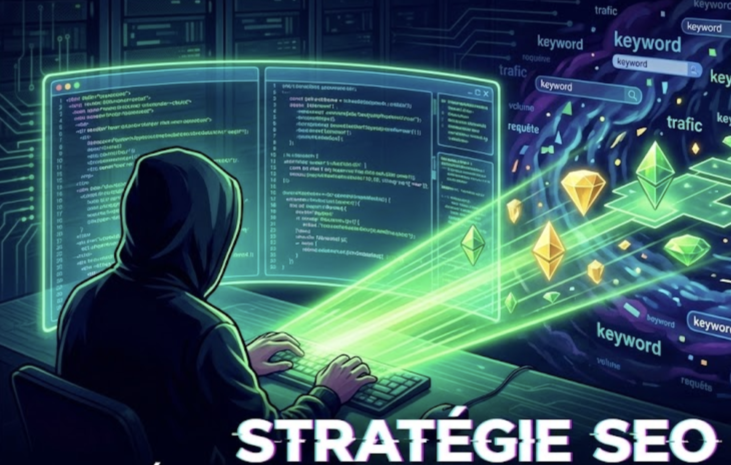 Illustration d'un expert SEO style hacker filtrant un nuage de données de recherche pour révéler des opportunités de mots clés stratégiques et débloquer du trafic ciblé.