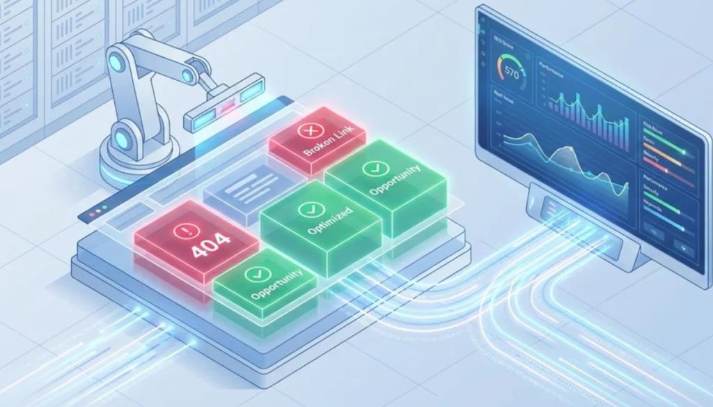 Illustration d'un audit SEO automatisé par IA détectant les opportunités de mots-clés sur un site web