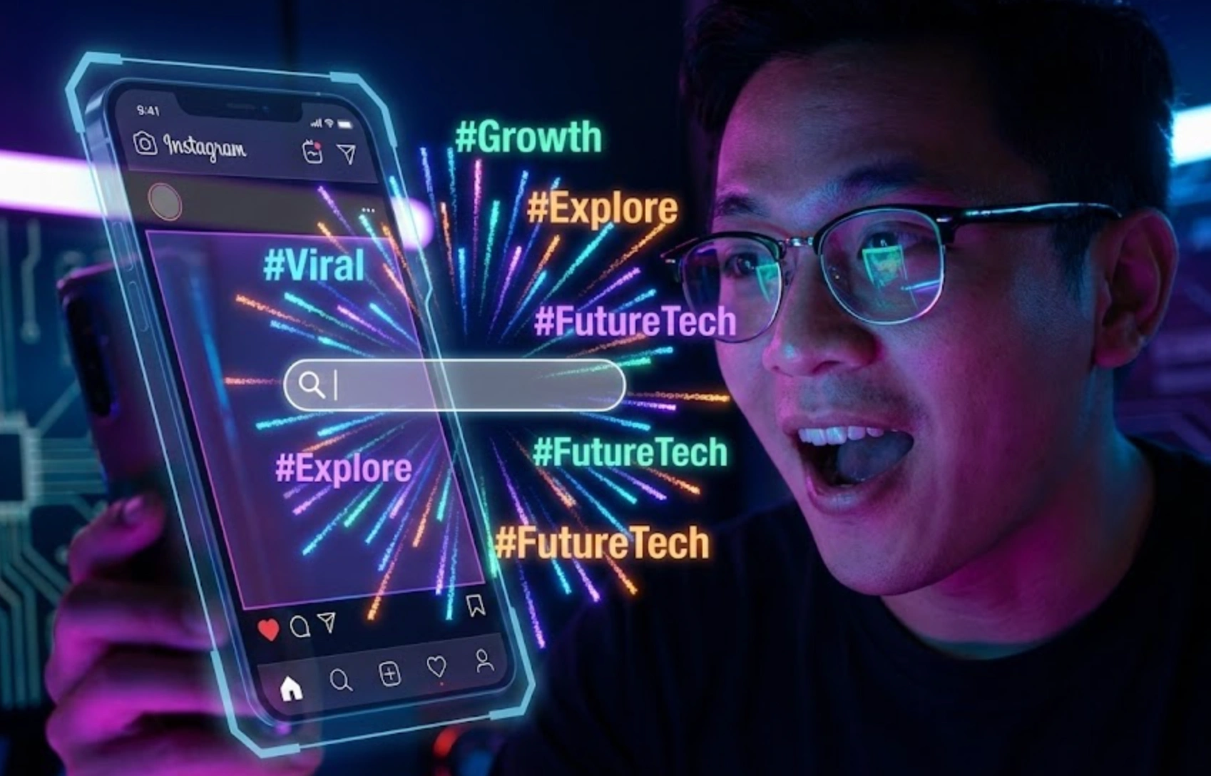 Illustration futuriste d'une interface Instagram avec des hashtags explosant comme un feu d'artifice, symbolisant la visibilité et la croissance.