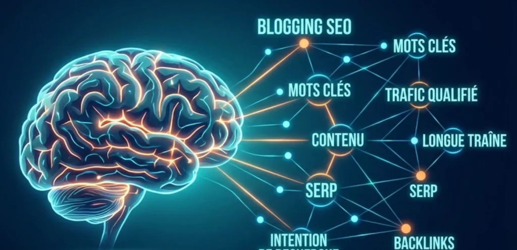 Illustration stylisée de la connexion entre le cerveau humain et un réseau numérique de mots-clés SEO.