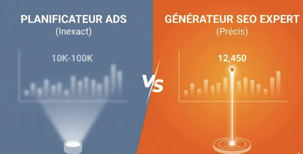 Infographie comparative montrant l'imprécision des volumes du Planificateur Ads (fourchette vague) face à la précision exacte des données d'un Générateur SEO Expert.