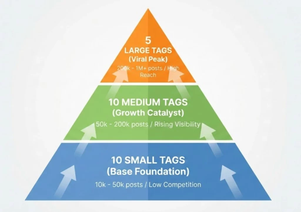 Infographie de la stratégie de l'escalier (Hashtag Ladder) montrant la répartition idéale entre petits, moyens et gros hashtags