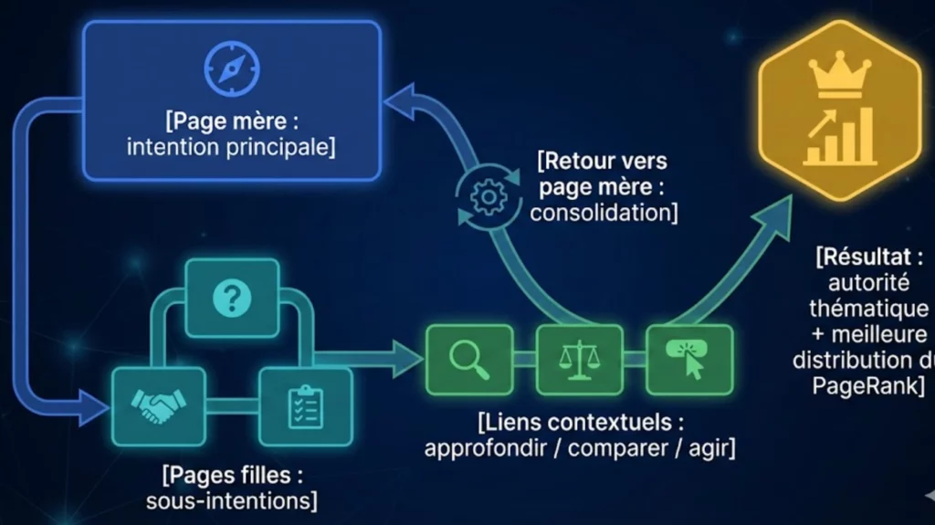 Infographie du flux dun cocon semantique SEO