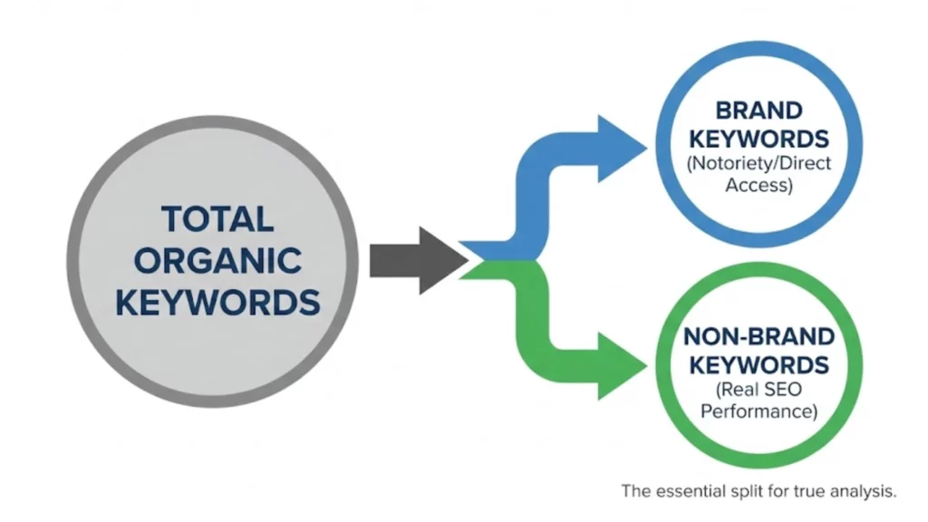 Infographie illustrant la segmentation nécessaire du trafic SEO entre les mots-clés 'Marque' (notoriété) et 'Hors-Marque' (performance réelle).