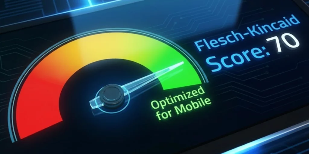 Interface montrant un score de lisibilité Flesch-Kincaid optimisé pour l'audience cible.