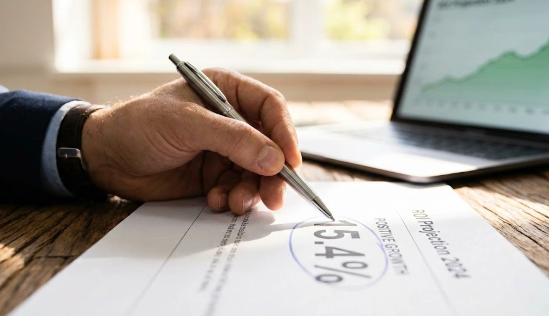 Main d'un analyste encerclant un chiffre de croissance positive sur un rapport papier de projection financière et ROI
