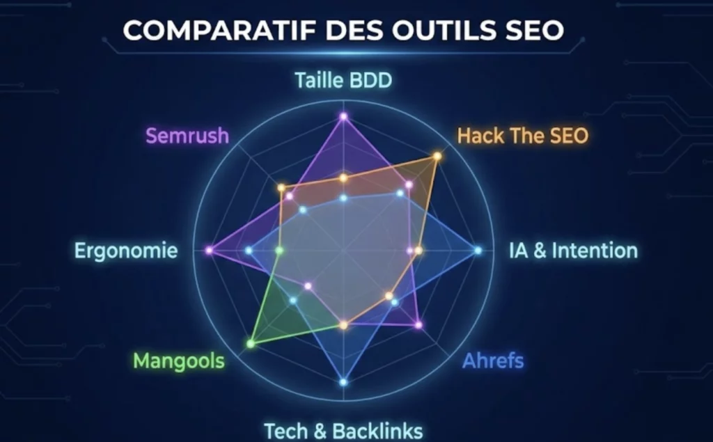 Matrice de comparaison sous forme de graphique radar évaluant les forces des outils Semrush, Hack The SEO, Ahrefs et Mangools selon la taille de BDD, l'IA, la technique et l'ergonomie.