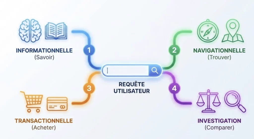 Organigramme illustrant comment une requête utilisateur se divise en quatre intentions de recherche SEO  Informationnelle, Navigationnelle, Transactionnelle et Investigation.
