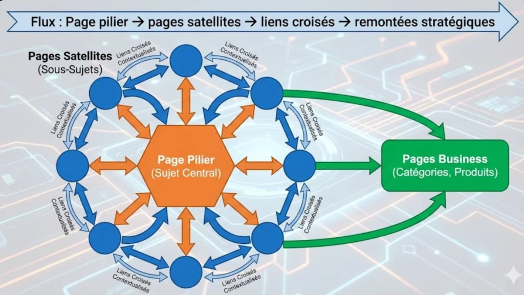 Définition cocon sémantique
Page pilier (sujet central), pages satellites (sous-sujets), liens croisés contextualisés entre satellites proches, remontées stratégiques vers la page pilier et:ou les pages business (catégories, produits