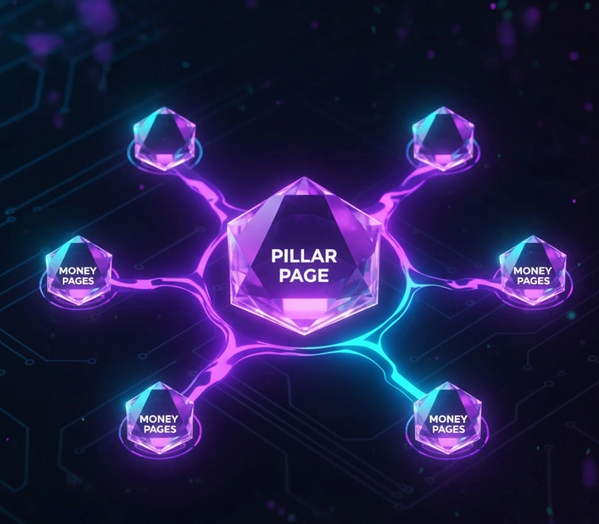 Schéma abstrait montrant la transmission de l'autorité SEO (Link Juice) depuis une page pilier vers les pages transactionnelles.