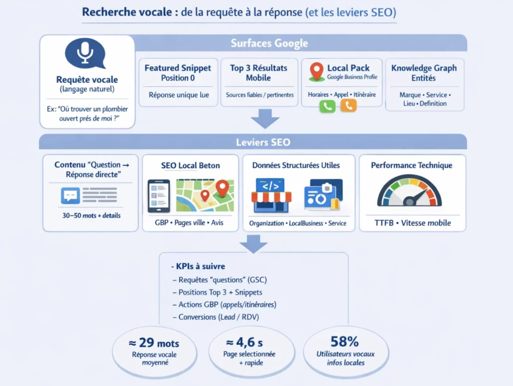 Schéma du SEO pour la recherche vocale : requête vocale en langage naturel → sources Google (featured snippet, top 3 mobile, local pack/Google Business Profile, knowledge graph) → leviers SEO (réponse courte, SEO local, données structurées, performance) → KPIs de mesure (GSC questions, snippets, actions GBP, conversions).