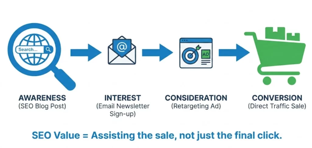 Schéma du parcours client montrant le rôle du SEO en phase de découverte (Awareness) avant la conversion finale via d'autres canaux