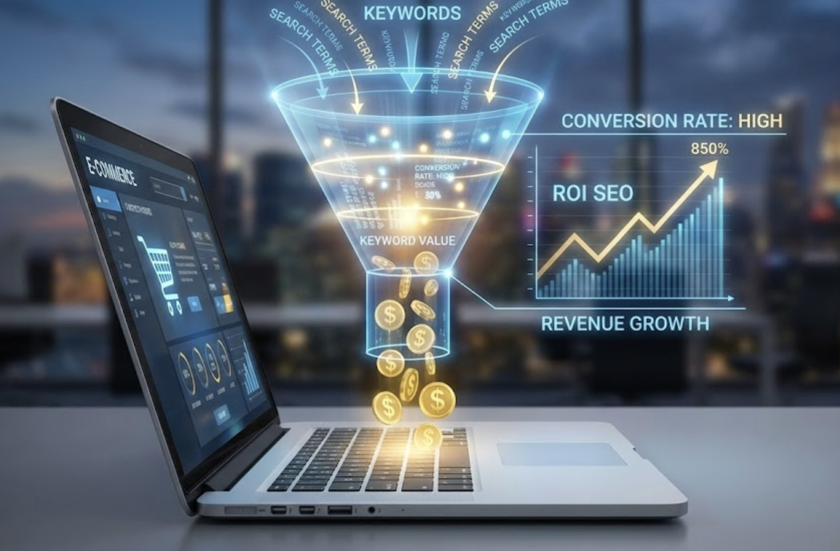 Tableau de bord SEO E-commerce transformant les mots-clés en revenus réels.