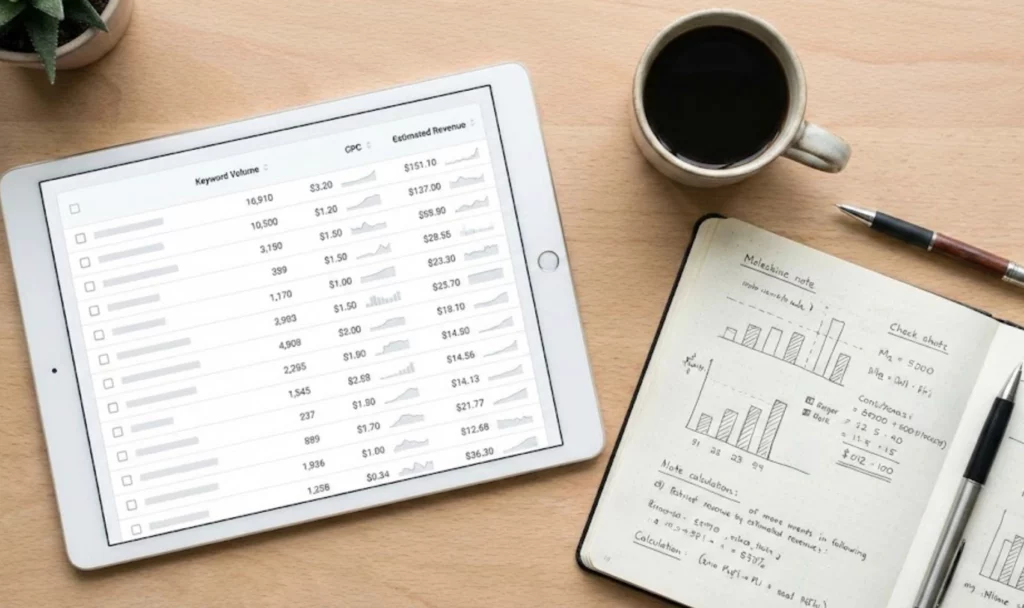 Tablette affichant une grille de données d'estimation de revenus SEO basés sur les volumes de recherche et le coût par clic (CPC)