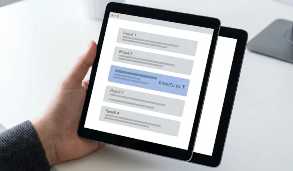 Visualisation dune page de resultats Google SERP sur tablette montrant levolution positive du classement dun site web