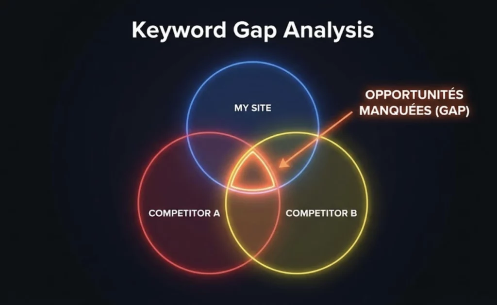 Diagramme de Venn montrant une analyse d'écart (Keyword Gap) pour identifier les opportunités de mots-clés manquées face aux concurrents.