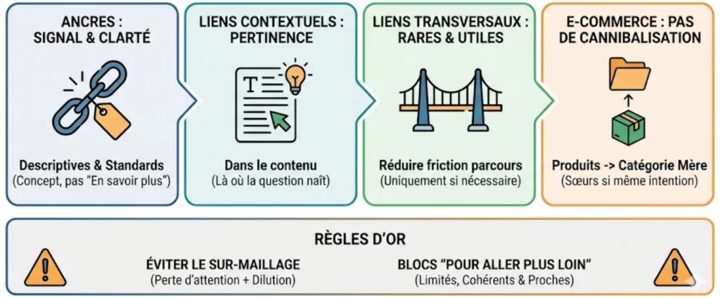 Guide visuel des bonnes pratiques de maillage interne : choix des ancres descriptives, placement des liens contextuels, limitation des liens transversaux et gestion de la cannibalisation pour les sites e-commerce.