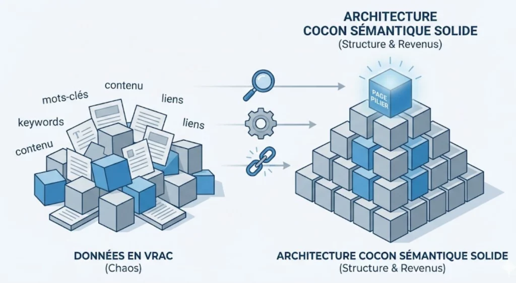 Illustration vectorielle B2B montrant des logiciels SEO s'assemblant pour construire une architecture en cocon sémantique solide, comparé à des données en vrac.