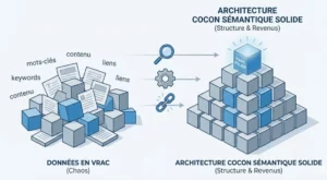 Illustration vectorielle B2B montrant des logiciels SEO s'assemblant pour construire une architecture en cocon sémantique solide, comparé à des données en vrac.