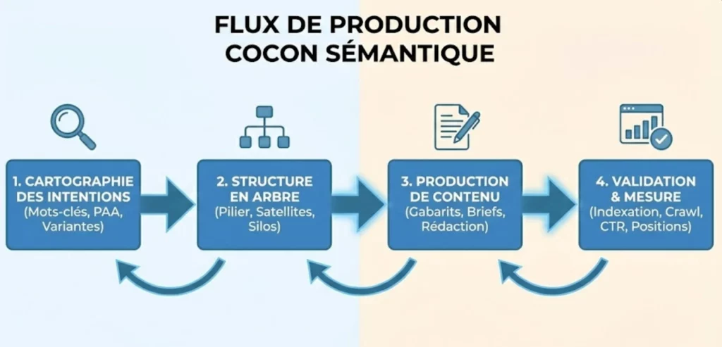 Infographie du processus de création d'un cocon sémantique en 4 étapes : cartographie des intentions, structuration en arbre, production de contenu et validation par la mesure.
