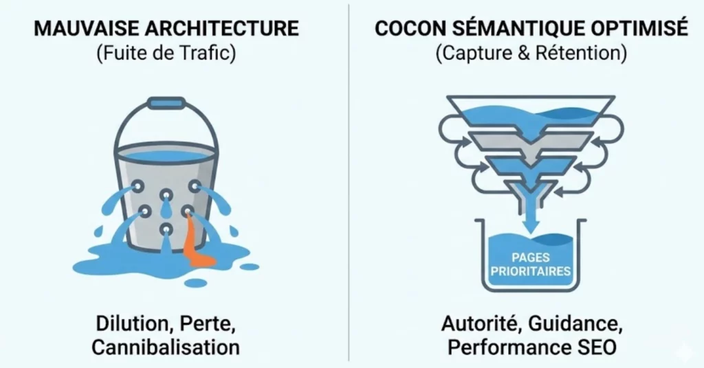 Illustration SEO comparant une mauvaise architecture (trafic qui fuit) à un cocon sémantique optimisé (structure étanche qui guide les moteurs vers les pages prioritaires).