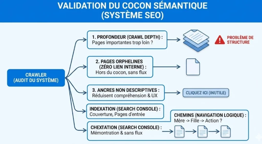 Comment vérifier que ça marche crawl, profondeur, flux interne, indexation