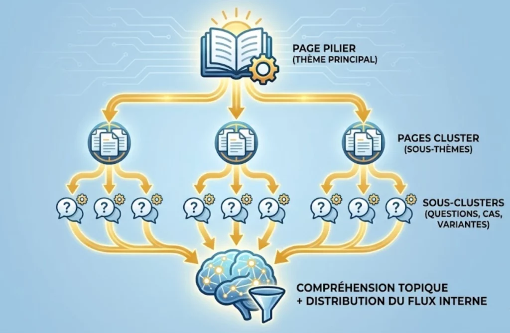Diagramme page pilier → pages cluster → sous-clusters