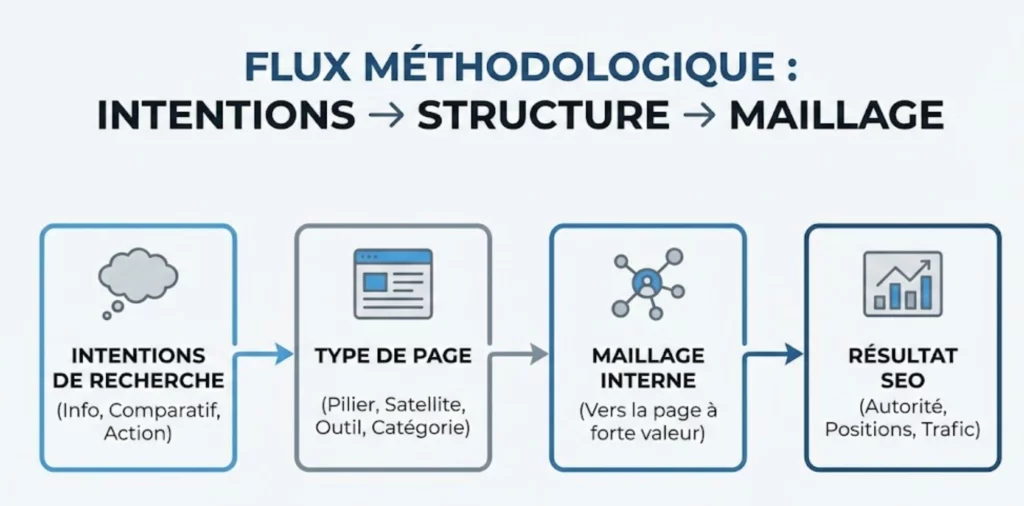 Diagramme de flux méthodologique SEO : transformation des Intentions de recherche (Information/Action) en Types de pages (Pilier/Satellite) puis en Maillage interne stratégique.