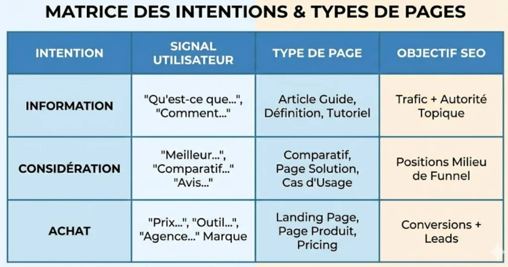 Matrice de mapping SEO classant les intentions de recherche (Information, Considération, Achat) avec les signaux utilisateurs et les types de pages correspondants.