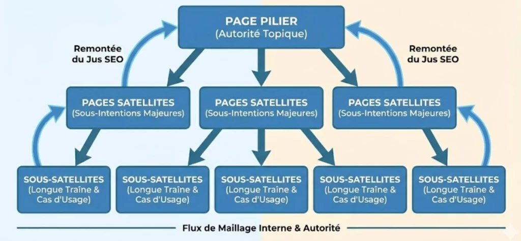 Schéma technique d'un cocon sémantique montrant la hiérarchie entre page pilier (autorité topique) et pages satellites, avec le flux de maillage interne (remontée de jus SEO).