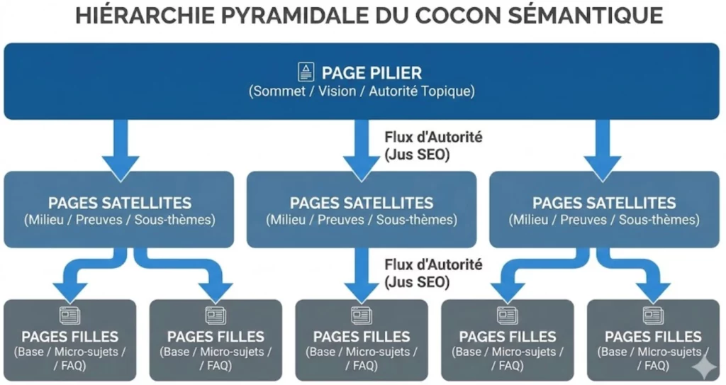 Schéma d'architecture en cocon sémantique montrant la hiérarchie pyramidale : Page Pilier (Sommet/Vision), Pages Satellites (Milieu/Preuves) et Pages Filles (Base/Micro-sujets).