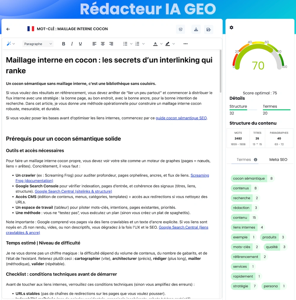 Live AI SEO writing inside WordPress with GEO citability score and content structure