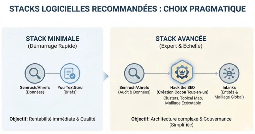 Schéma des stacks logicielles recommandées pour le cocon sémantique : une stack minimale pour un démarrage rapide (Semrush/Ahrefs + YourTextGuru) et une stack avancée pour passer à l'échelle, intégrant Hack the SEO comme pivot central pour la structure et InLinks pour les entités.