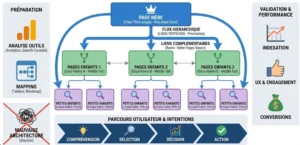 Schéma d'architecture en cocon sémantique SEO montrant la hiérarchie entre page mère, pages enfants et petits-enfants, avec un maillage interne vertical étanche comparé à une mauvaise structure en plat de spaghettis.