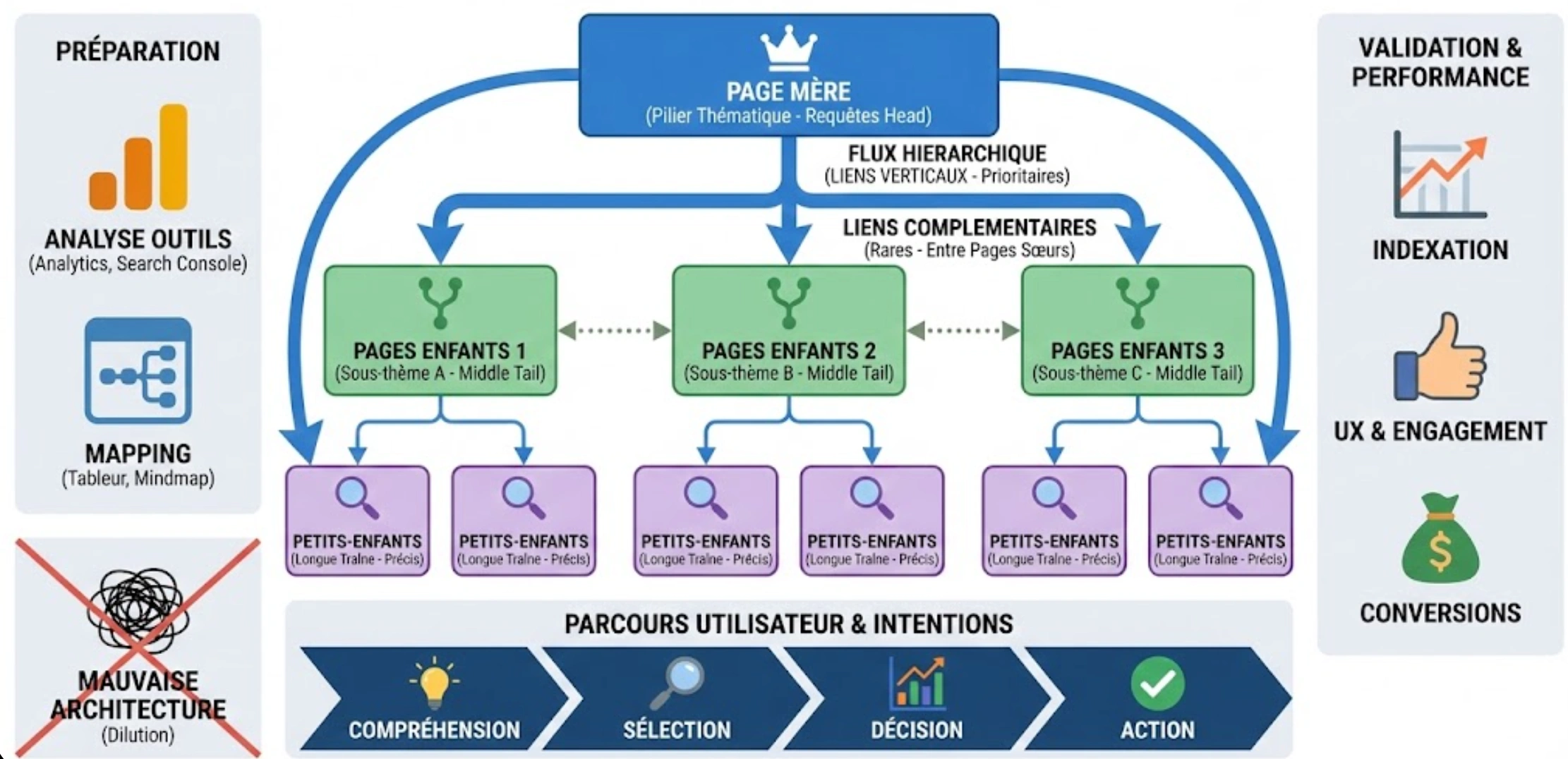 Schéma d'architecture en cocon sémantique SEO montrant la hiérarchie entre page mère, pages enfants et petits-enfants, avec un maillage interne vertical étanche comparé à une mauvaise structure en plat de spaghettis.