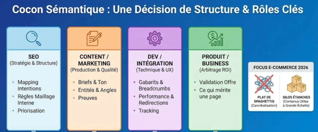 Infographie détaillant les rôles clés pour déployer un cocon sémantique : missions des équipes SEO, Content Marketing, Dév et Produit pour valider la structure et le ROI avant la mise en ligne.