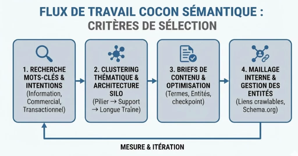 Infographie du flux de travail pour un cocon sémantique réussi : Recherche de mots-clés -> Clustering thématique -> Briefs de contenu -> Maillage interne et Entités.